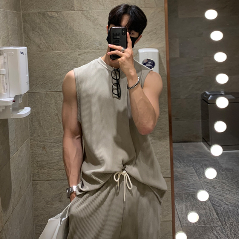 无袖背心t恤男外穿夏季薄款潮流运动套装韩版宽松冰丝垂感休闲裤