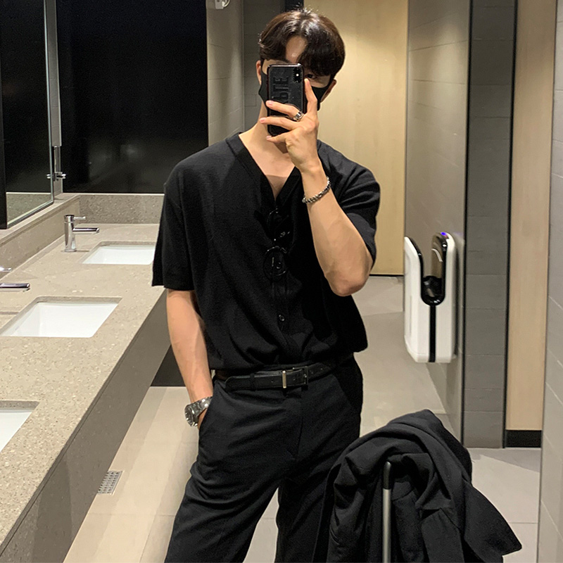 夏季新款v领短袖t恤男士韩版潮流帅气宽松百搭纯色针织衫薄款体恤