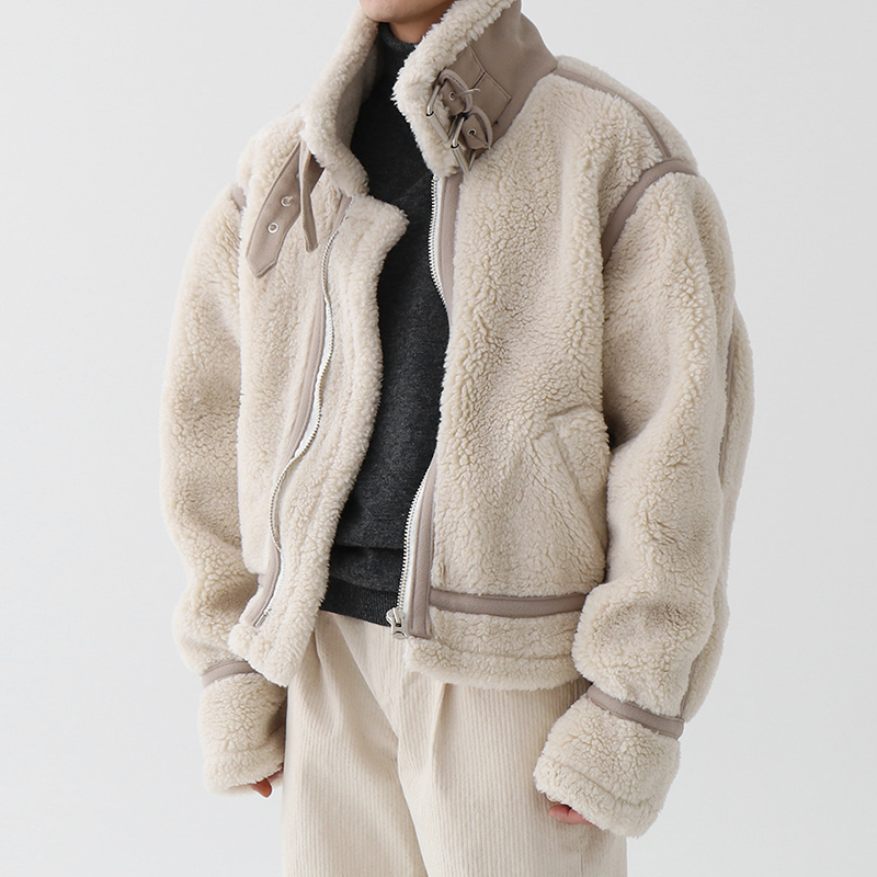 冬季新款仿羊羔毛外套男加绒加厚棉袄韩版潮流纯色立领摇粒绒衣服