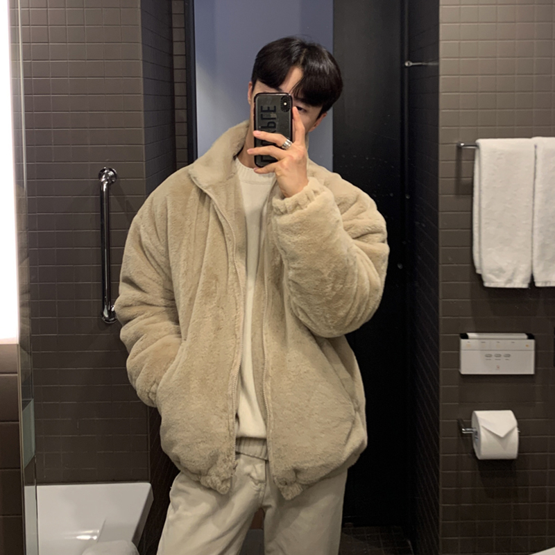 冬季仿羊羔毛外套男宽松韩版加绒加厚棉袄潮牌摇粒绒夹克ins港风