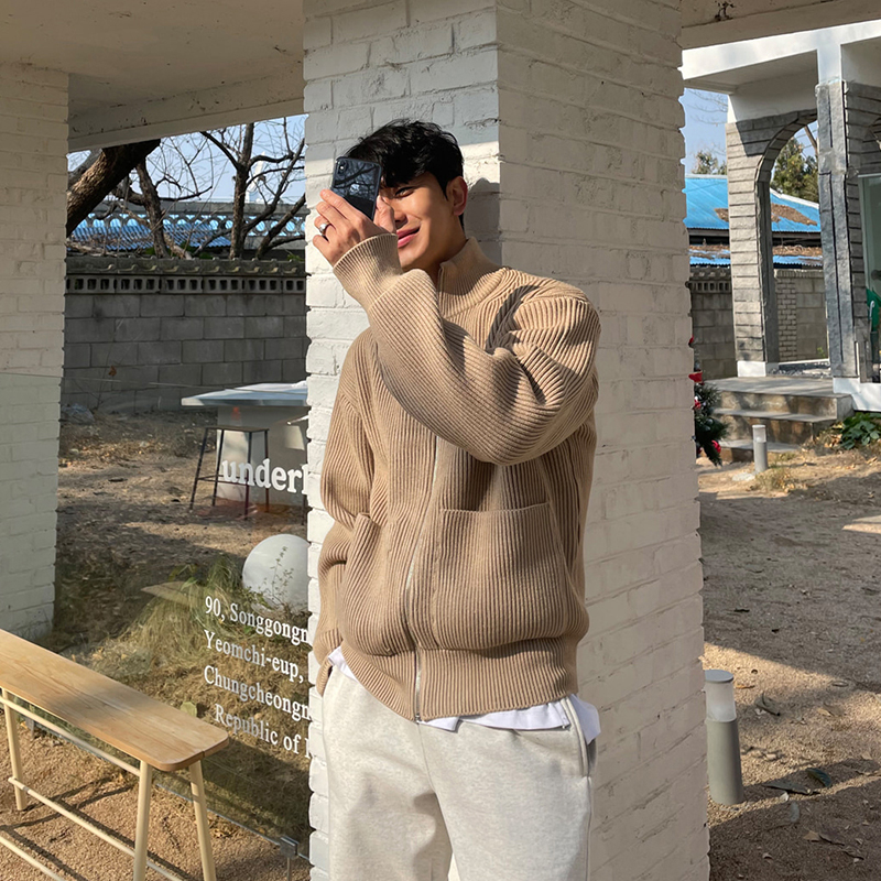 韩版毛衣开衫外套男潮流冬季加厚纯色针织衫拉链上衣立领慵懒风