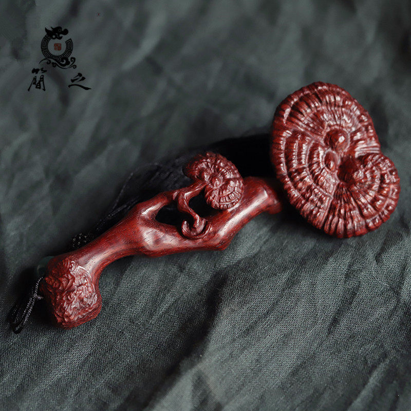 灵芝如意手把印度小叶紫檀木雕文玩盘玩手玩把木雕