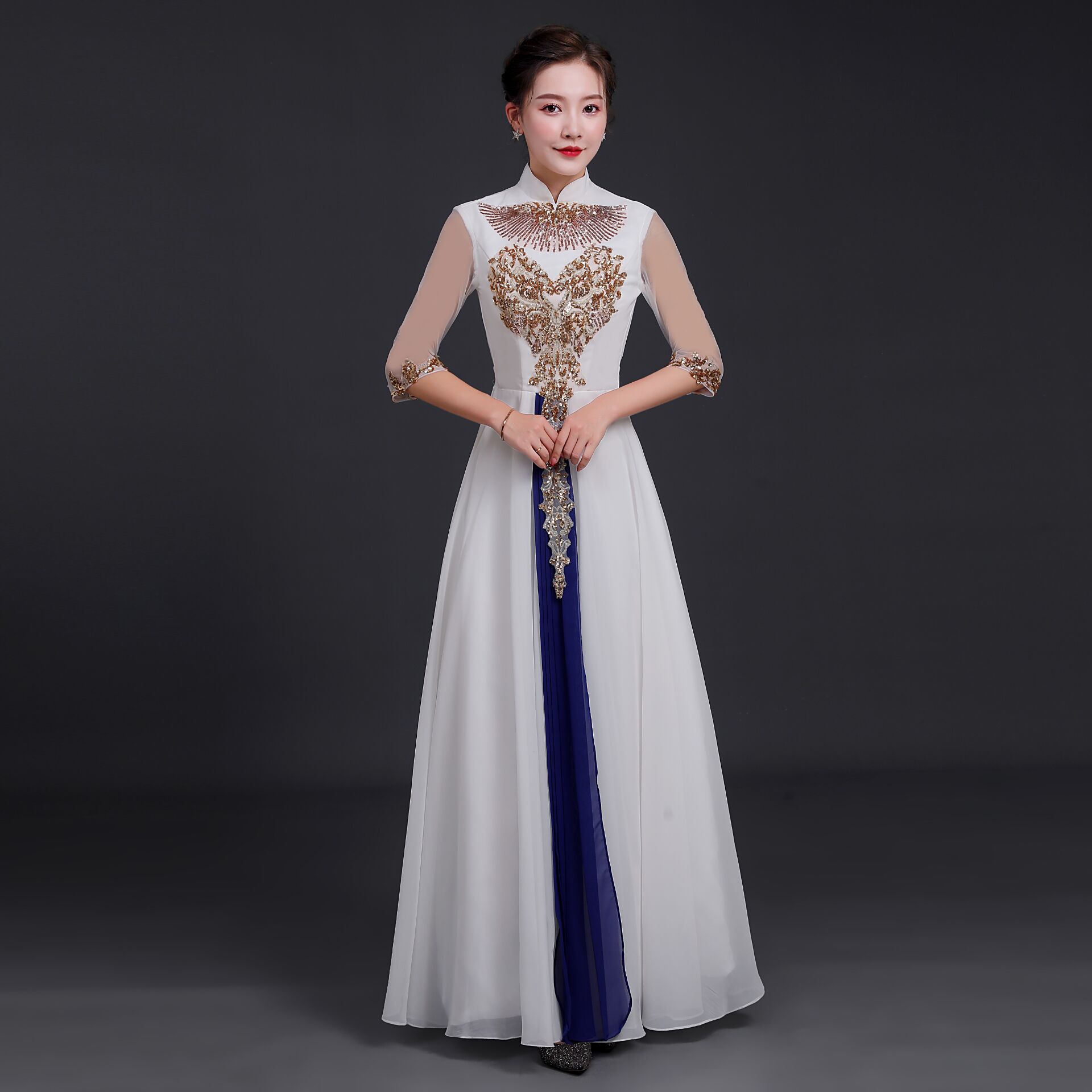 大合唱演出服长裙气质修身学生红歌比赛中老年合唱团礼服