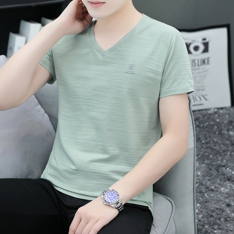 2022新款夏季纯棉短袖t恤男士V字领潮流薄款净色冰丝半袖上衣短衫