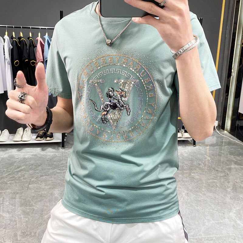欧洲站潮牌烫钻短袖T恤男2022夏季丝光棉男士绿色大码新款男装T恤