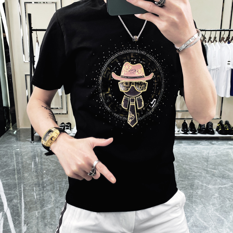 欧洲站烫钻男装短袖t恤男士潮牌纯棉2022夏季新款潮流丝光棉半袖