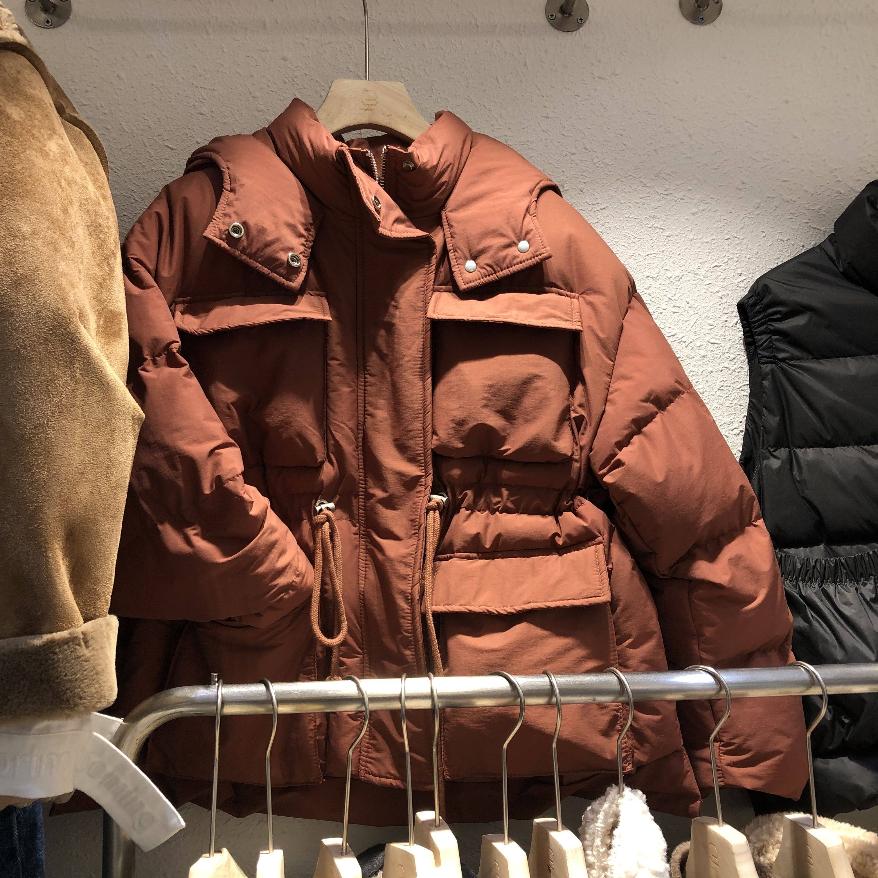 2019冬韩国冬季新款纯色宽松抽绳收腰保暖连帽工装棉服棉袄外套女