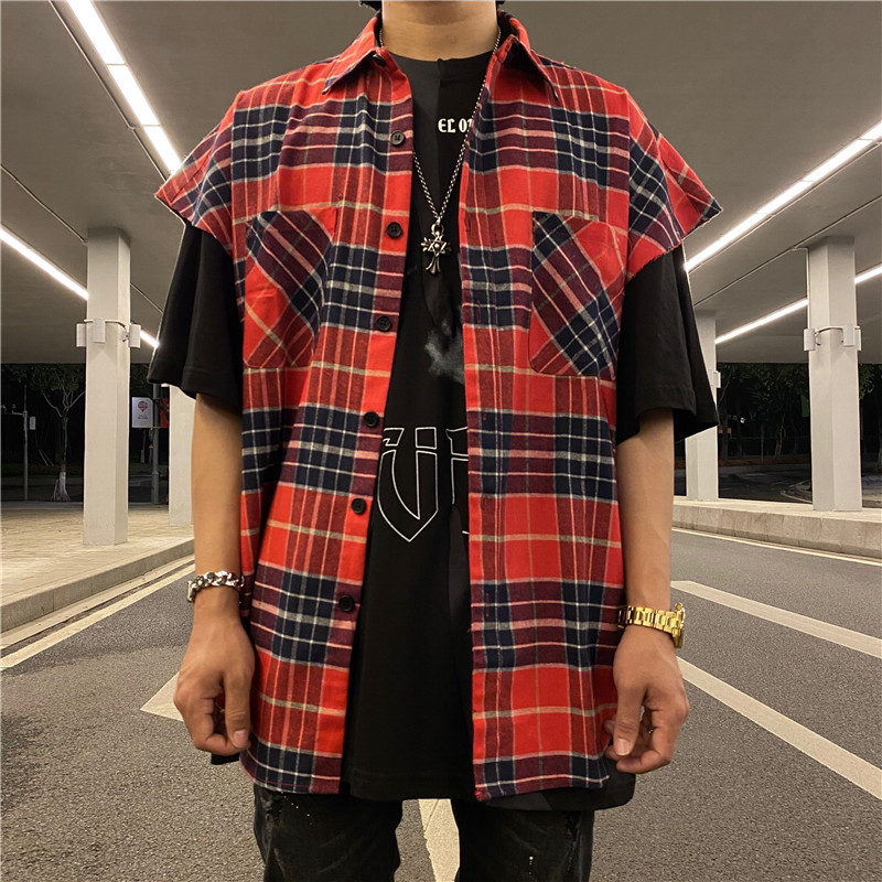 正确版第四季FOG白标蓝红坎肩衬衫fear of god侧面拉链苏格兰格子