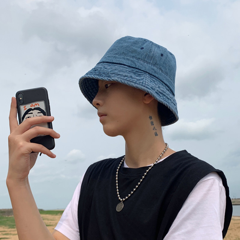 渔夫帽男日系韩版百搭纯色遮阳帽防晒牛仔水桶帽子男潮春夏季盆帽