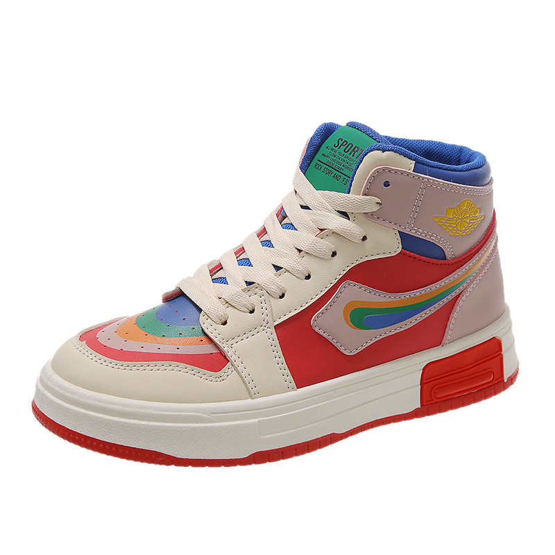 彩虹高帮鸳鸯休闲板鞋女2022新款春秋平底拼色高帮鞋