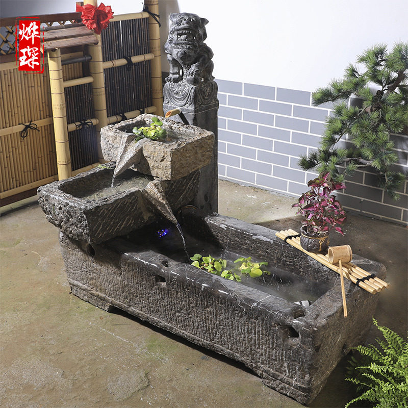 老旧马槽牛槽鱼缸流水组合青石石槽石头会所石雕