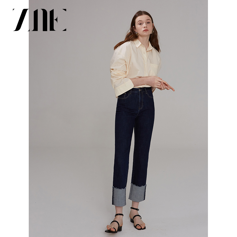 ZNEJeans复古高腰质感丹宁原色弹力修身显瘦翻边牛仔裤女828