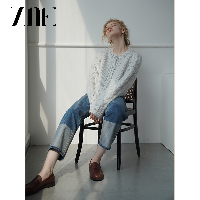 ZNEJeans高腰舒适全棉质感灰蓝色脚口拼接直筒牛仔裤女762