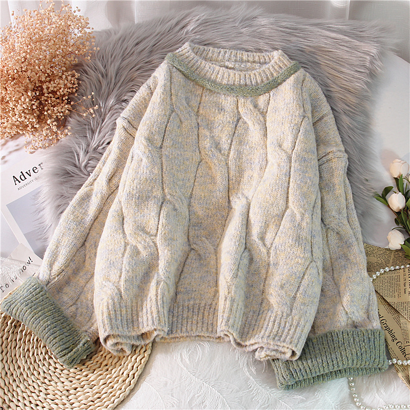 粗毛线毛衣女短款宽松日系套头针织衫慵懒风2021新款秋冬外套加厚