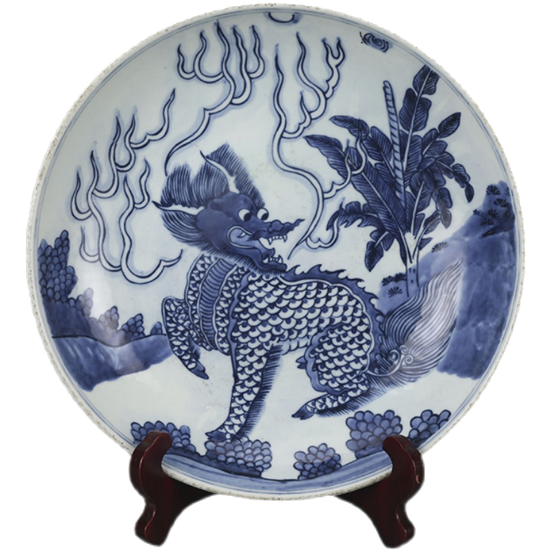 晚清青花麒麟瑞兽盘景德镇仿古瓷器古董古玩老货摆件