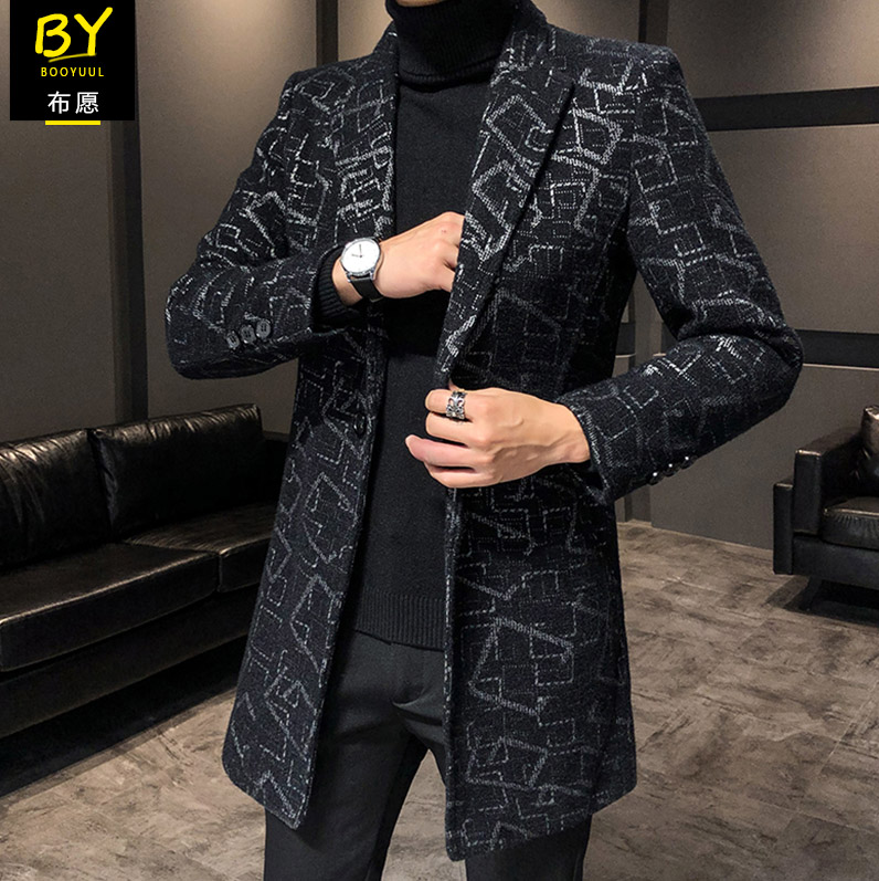 冬季风衣男士花纹个性中长款外套青年韩版修身西装韩版潮流大衣男