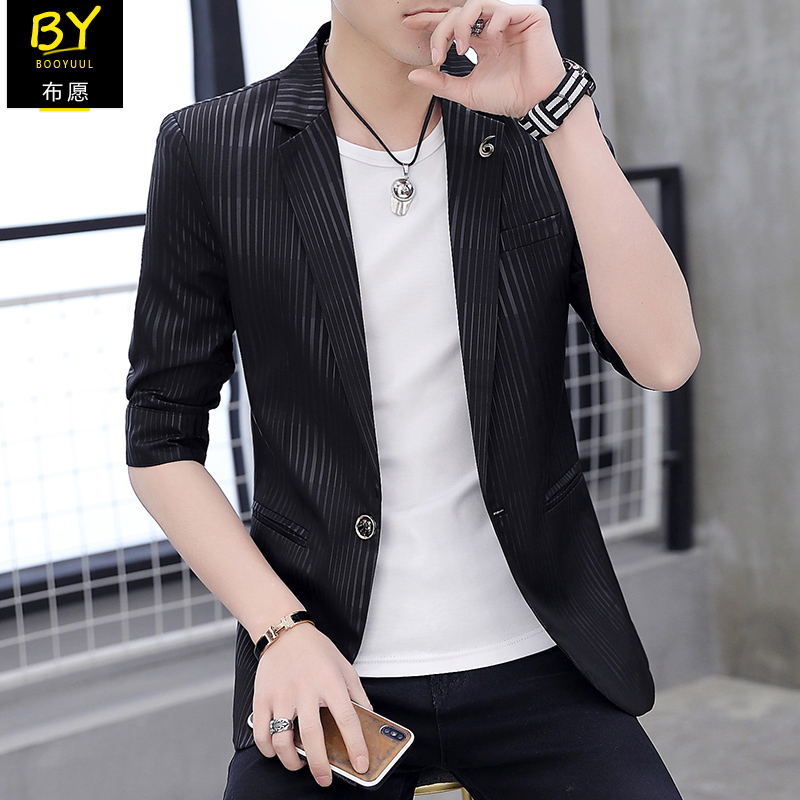 2021夏季新款七分袖薄款修身中袖小西装男士休闲上衣青年半袖单西