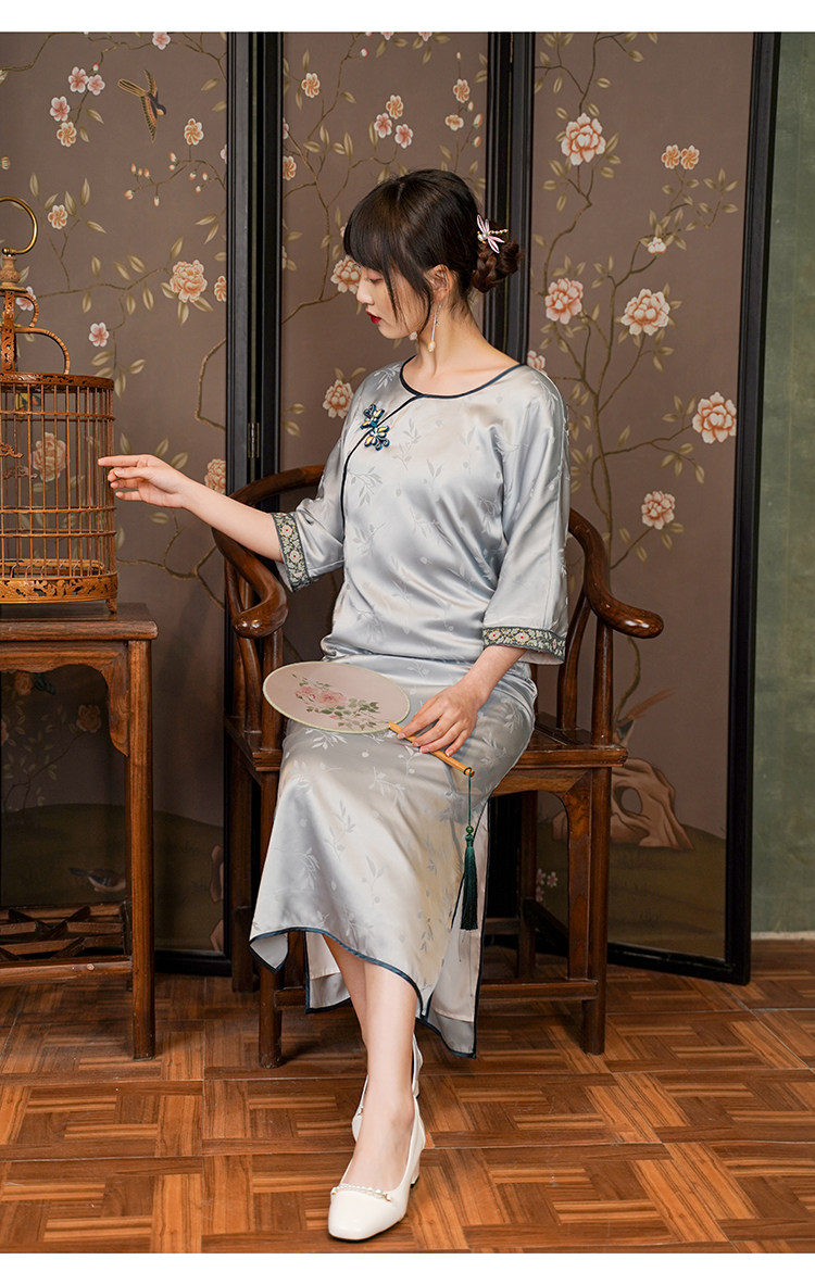 2021夏季新款真丝圆领旗袍中式民国国风复古旗袍