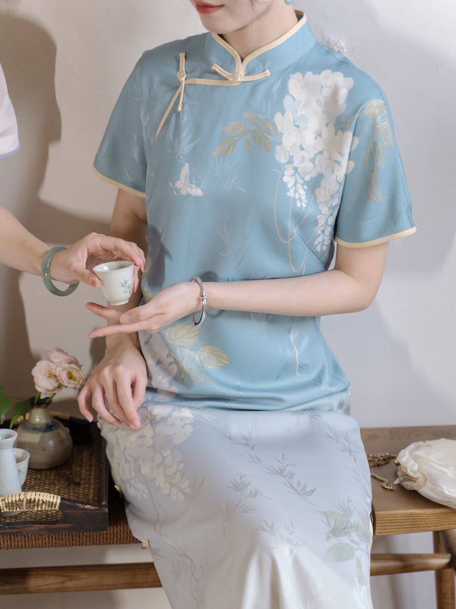 时光桑落民国国风春季新款槐花曳地旗袍女春旗袍