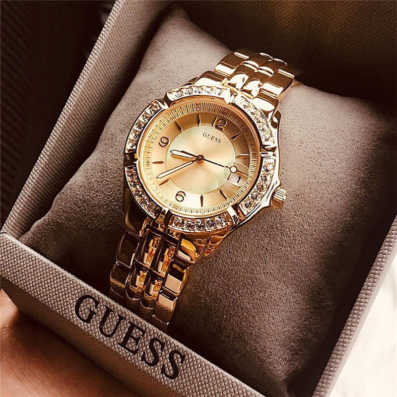 代购guess女表水晶表圈镶钻时尚u85110l1钢带防水欧美腕表
