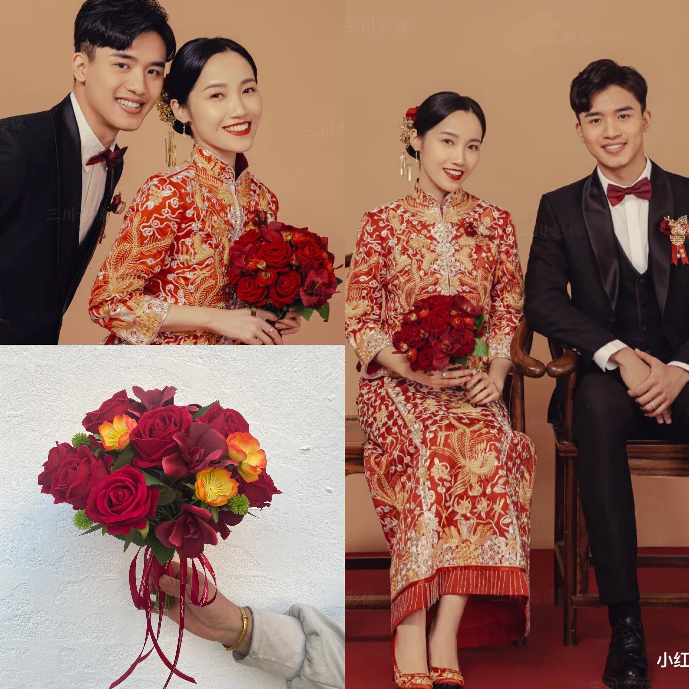 新娘秀禾手捧花中式婚礼设计手拿红色玫瑰永生花新娘手捧花