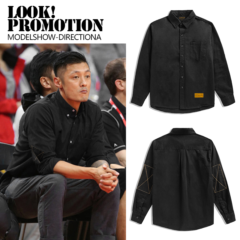 港风余文乐衬衫男长袖外套 纯黑色日系衬衣宽松休闲韩版潮流帅气