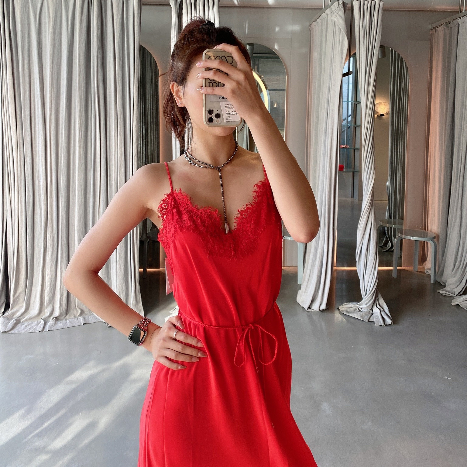 连衣裙zimmermann20年春春夏新款红色蕾丝丝边吊带礼服连衣裙