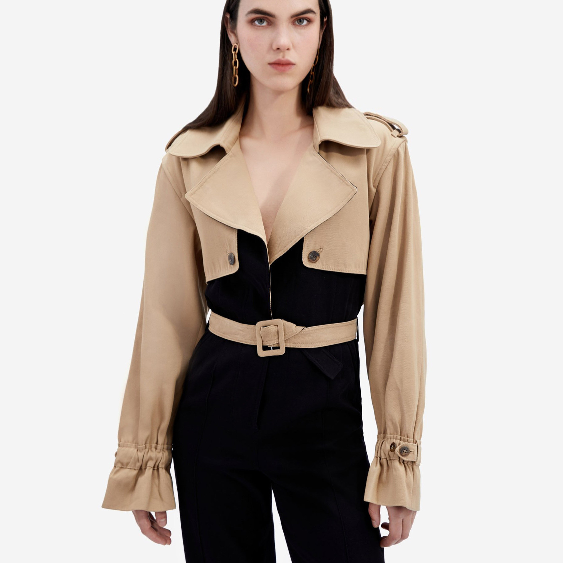 国现jonathansimkhai秋走秀拼色撞色腰带长款风衣连体连体衣