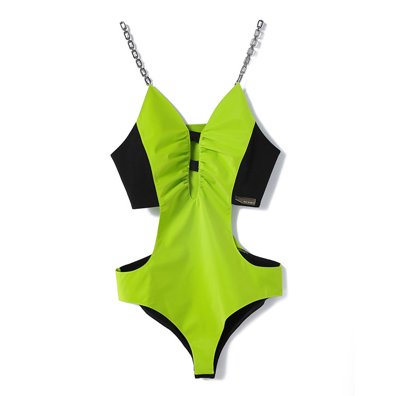 设计师rayburst金属链挂镂空露腰弹力拼接pu连体衣