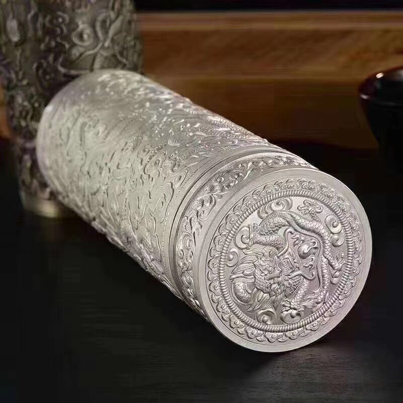 九龙银杯子999纯银内胆食用银泡茶杯全银水杯男士保温杯赠朋友