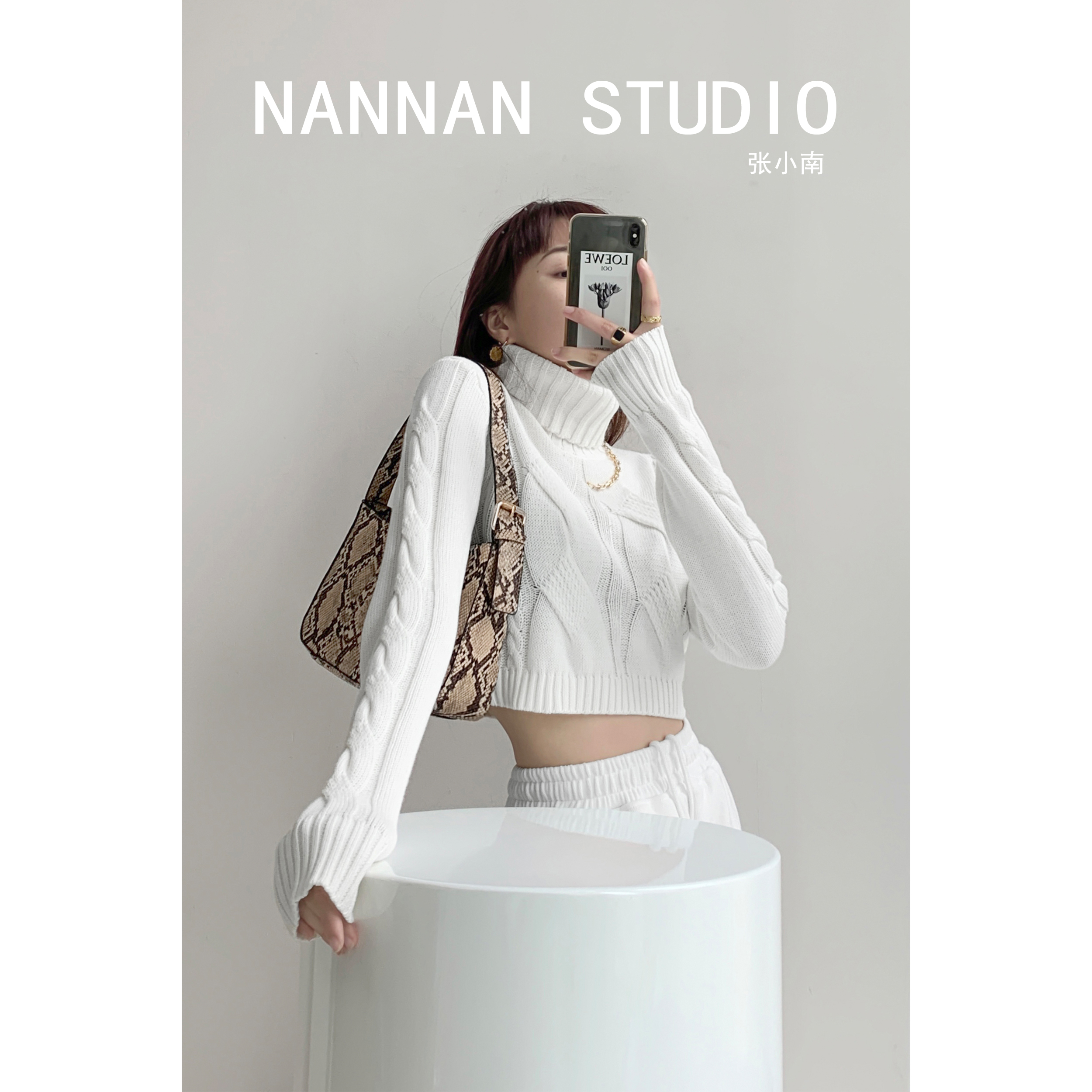 秋冬款高领粗毛线麻花针织衫宽松套头毛衣短款露脐长袖休闲上衣女