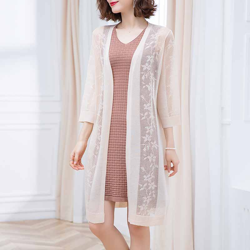 中年女士夏季冰丝针织开衫中长款宽松镂空外搭防晒空调衫薄款披肩