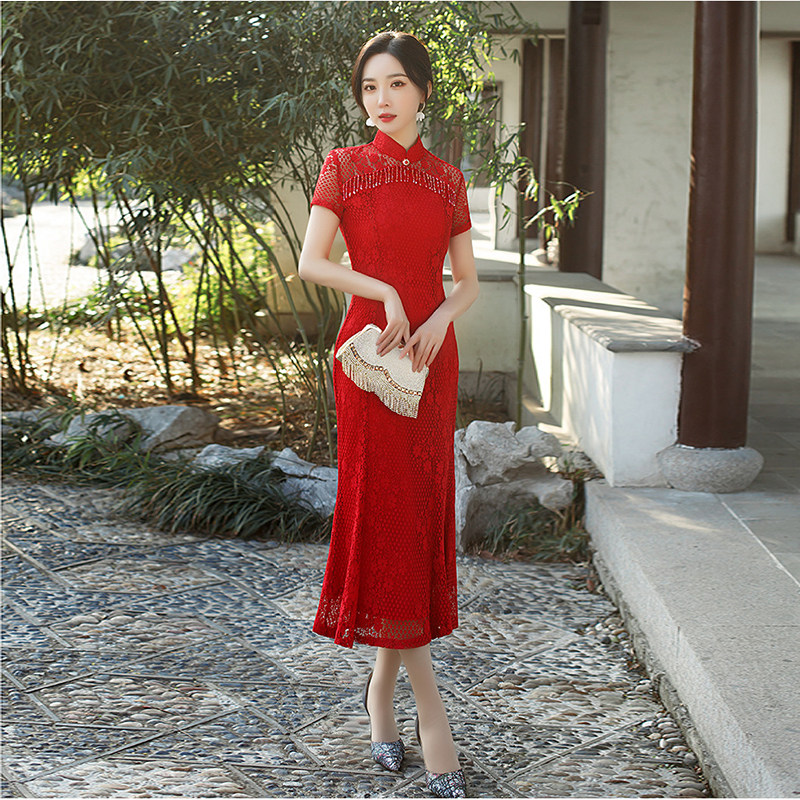 中国风长款白色蕾丝旗袍荷叶边春夏复古气质优雅鱼尾连衣裙敬酒服