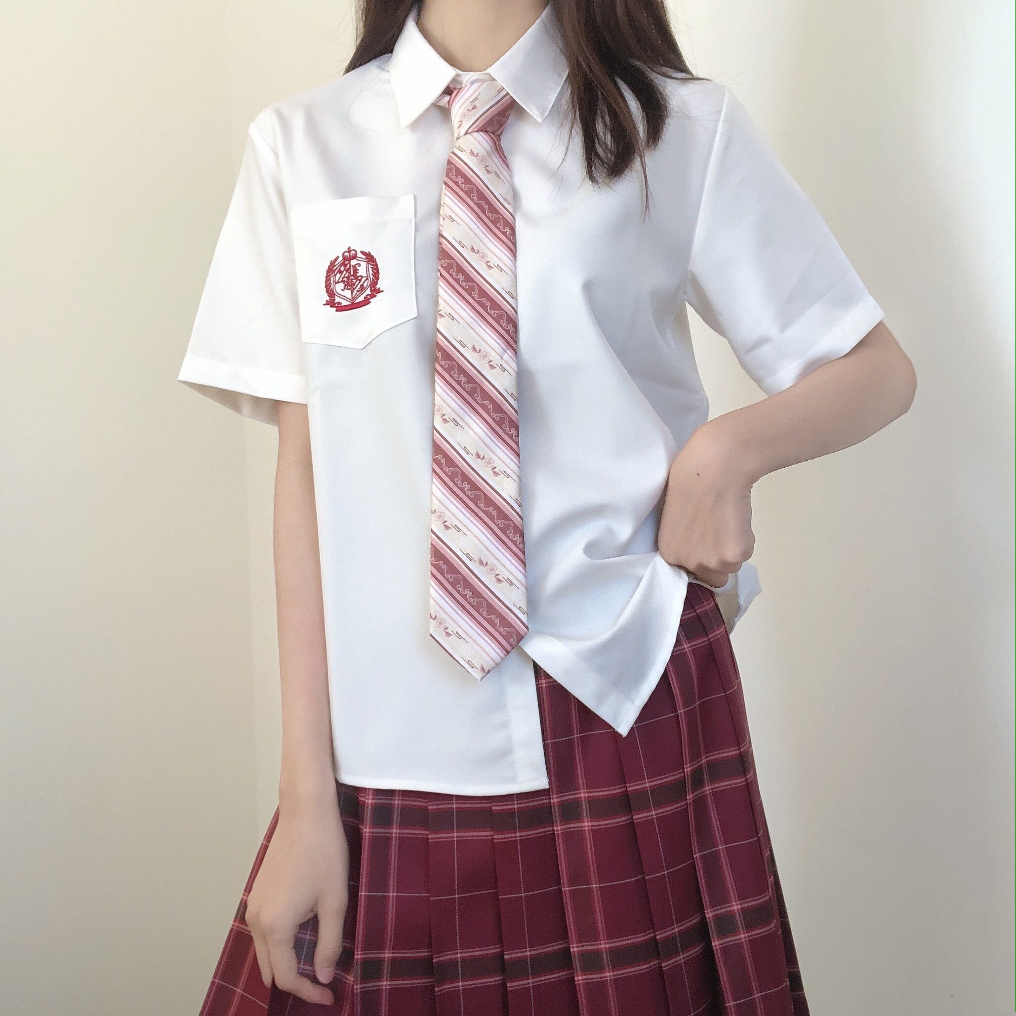 刺篇原创 jk制服正版日系学院风红色刺绣短袖白衬衫女夏款