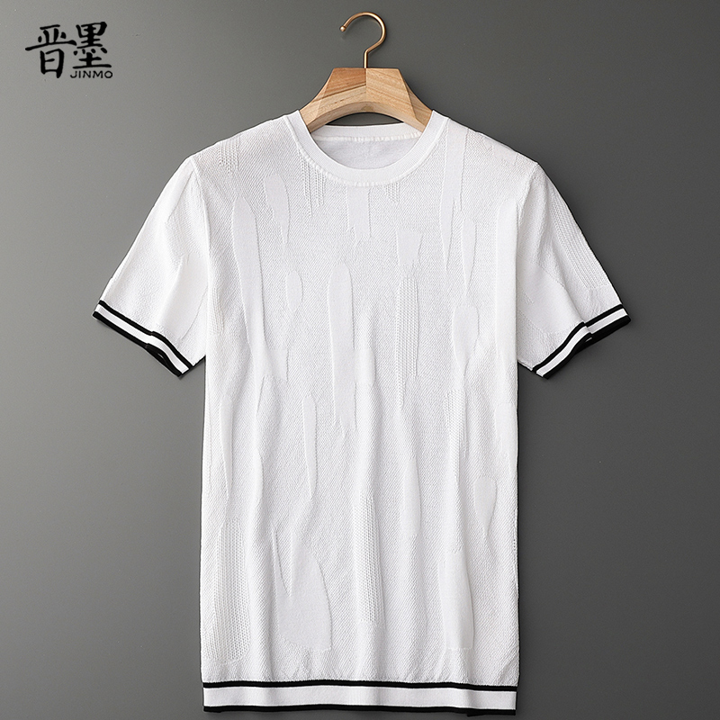 夏季高端桑蚕丝亚麻t恤新款 16针横机针织衫 男士冰丝短袖圆领T恤