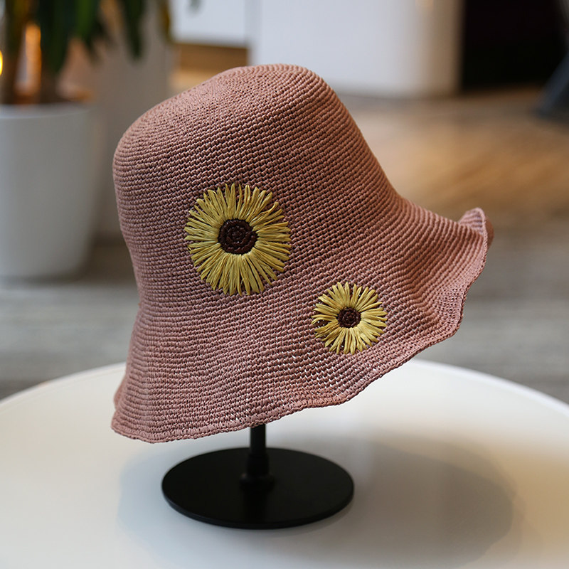 手工编织拉拉草遮阳帽向日葵装饰草帽遮阳帽女士出游防晒渔夫帽子