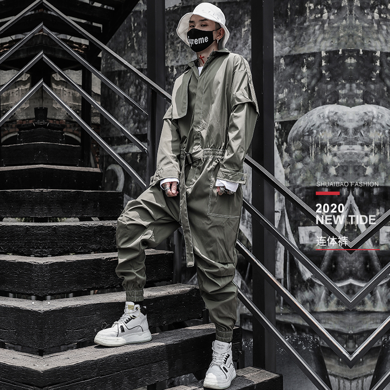 日系复古休闲连体裤男美式嘻哈九分军裤工装连体工作衣服套装男潮