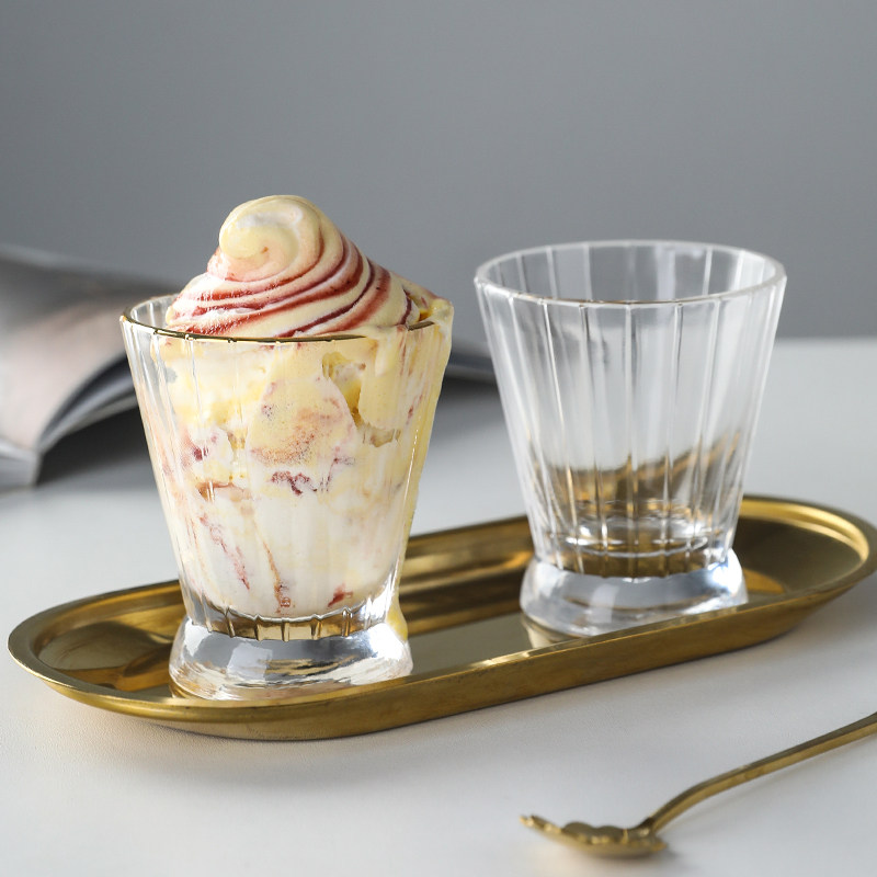 网红日式咖啡馆咖啡杯单品拉花条纹玻璃甜品布丁玻璃杯