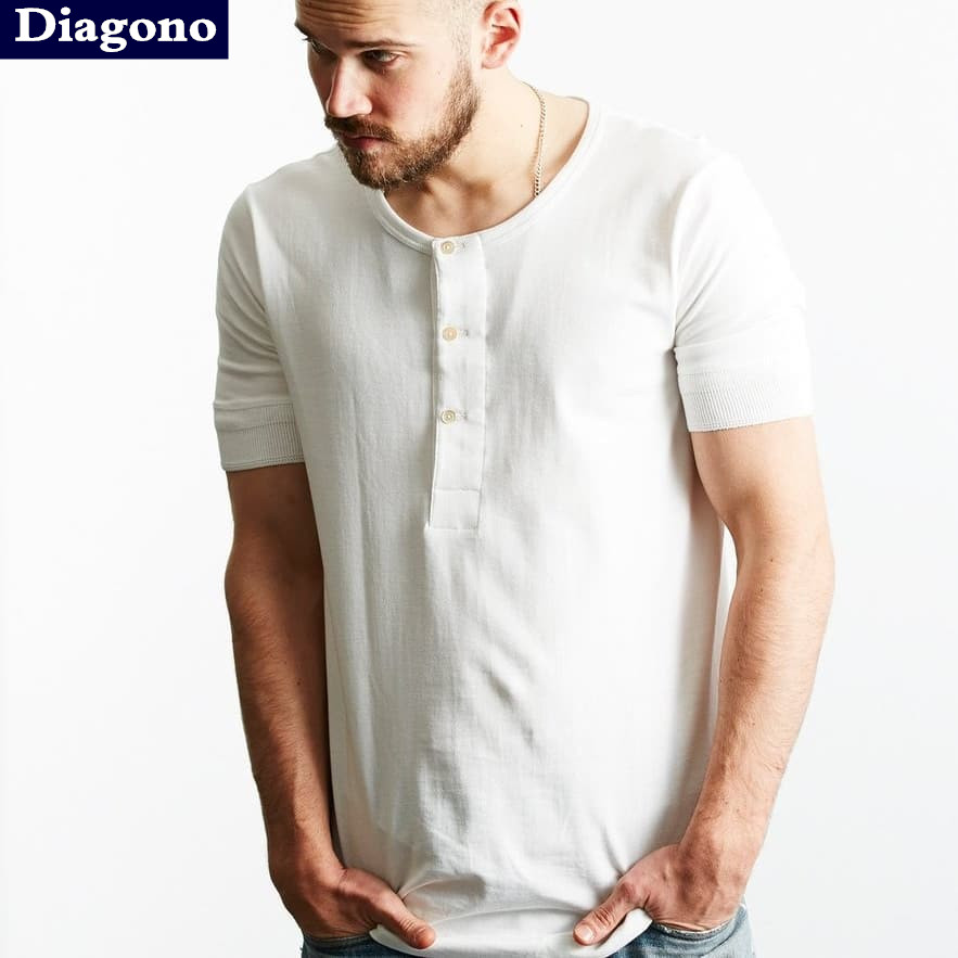 美式全棉罗纹袖口拼块亨利领短袖T恤桶织无缝纯棉厚实硬汉男t百搭