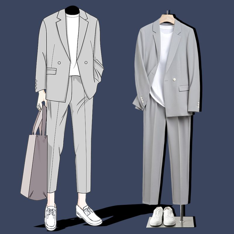 春夏薄款宽松坠感西服套装男士商务正装休闲潮流痞帅小西装外套潮