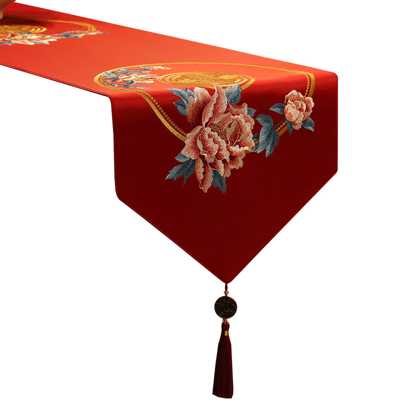 桌旗茶台绣花茶几结婚茶旗桌布旗布红色国风桌旗