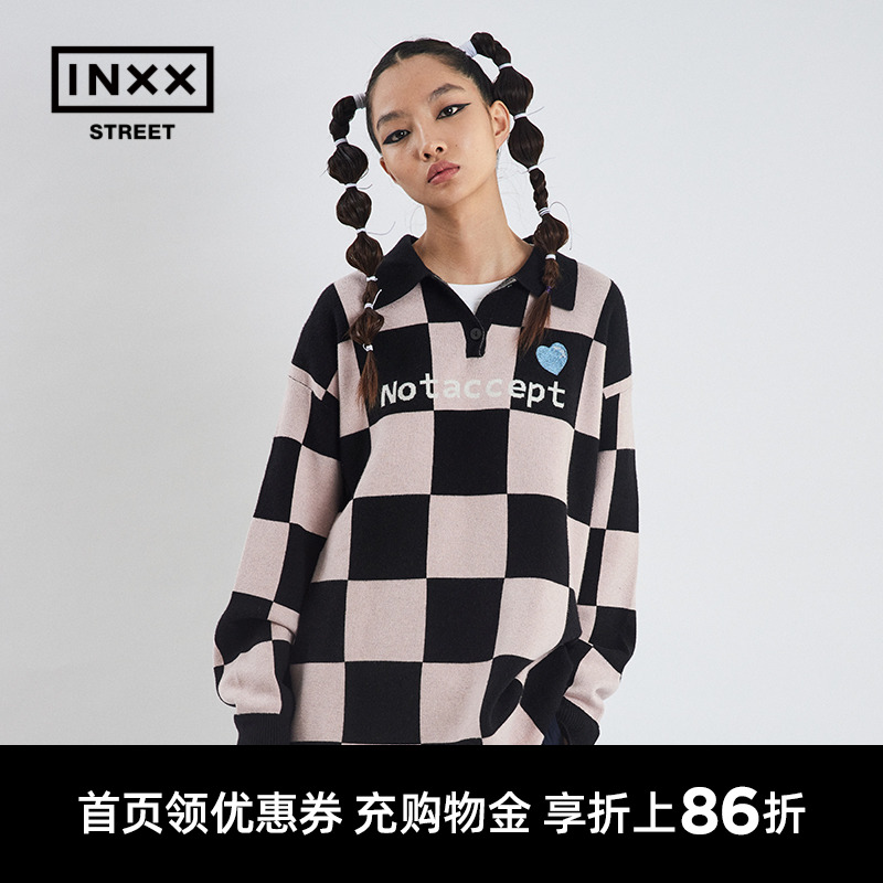 【inxxstreet】HYPESTUFF 秋新款潮牌情侣慵懒格子宽松套头毛衣