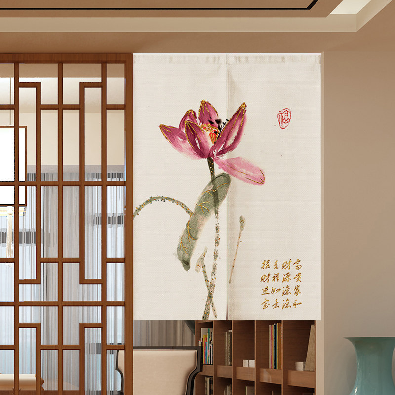 新中式隔断布艺定制装饰家用帘子水墨画荷花国风门帘