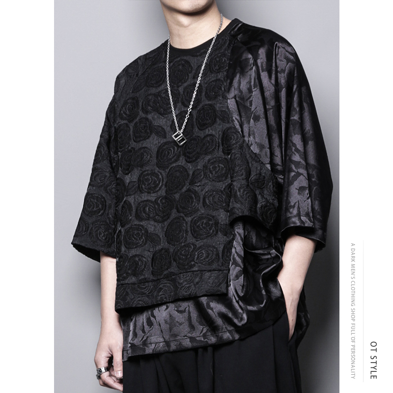 夏季暗黑系玫瑰花暗纹提花拼接小众设计高级感假两件宽松T恤潮男