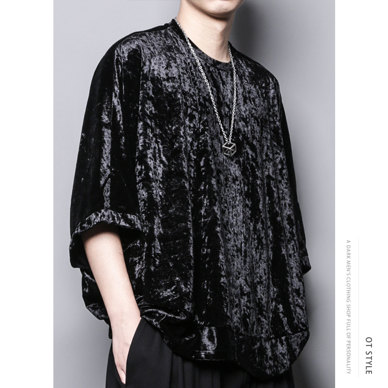 暗黑系高品质简约个性光泽感丝绒宽松圆领短袖中袖t恤体恤衫男士