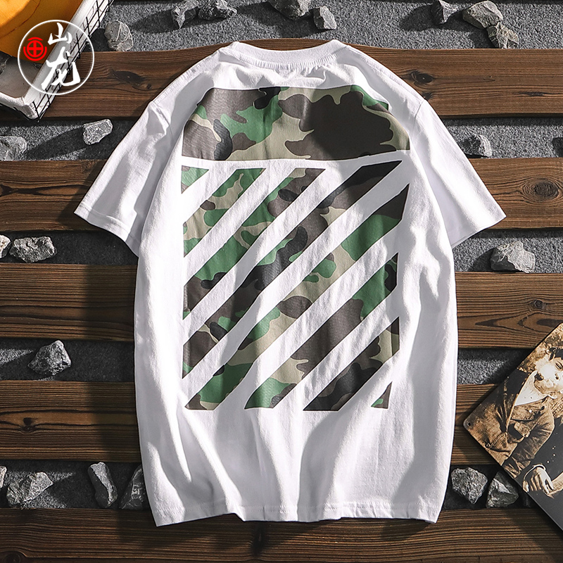 休闲复古日韩春夏季宽松ulzzang迷彩斜杠纯棉男士军事风短袖T恤