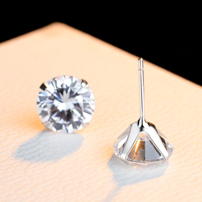 bebekitty925纯银锆石耳钉男女大四四爪尖底钻石耳钉