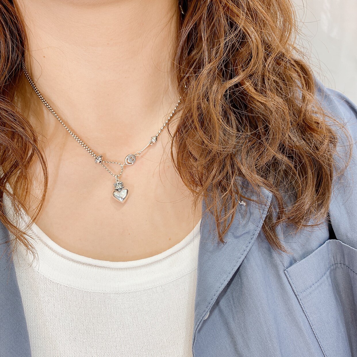 个性韩国东大门爱心实心重工皇冠笑脸调节银珠项链