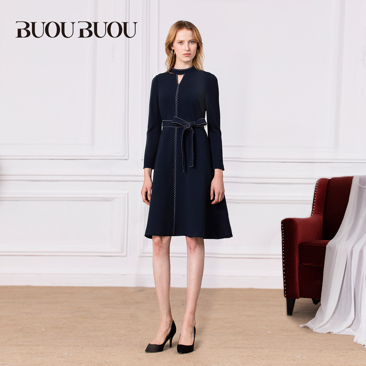 buou女装奥莱时尚蝴蝶结长袖连衣裙de3g032连衣裙