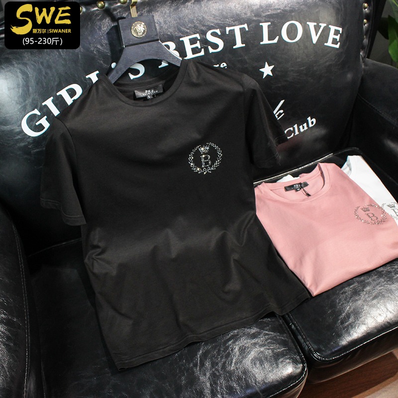 欧州站丝光棉短袖T恤夏季潮流修身圆领简约体恤字母烫钻半截袖男